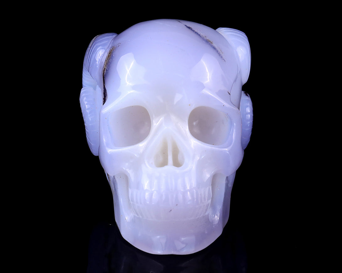 Unique 3.9" Blue Chalcedony Hand Carved Crystal Realistic Skull and Horn Sculpture crysvibe