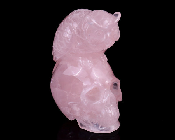 Unique 5.5" Rose Quartz Hand Carved Crystal Realistic Skull with Owl Sculpture crysvibe