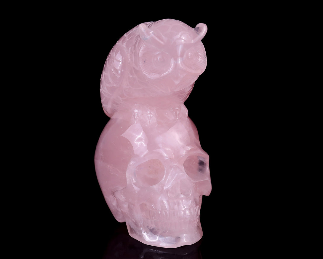 Unique 5.5" Rose Quartz Hand Carved Crystal Realistic Skull with Owl Sculpture crysvibe