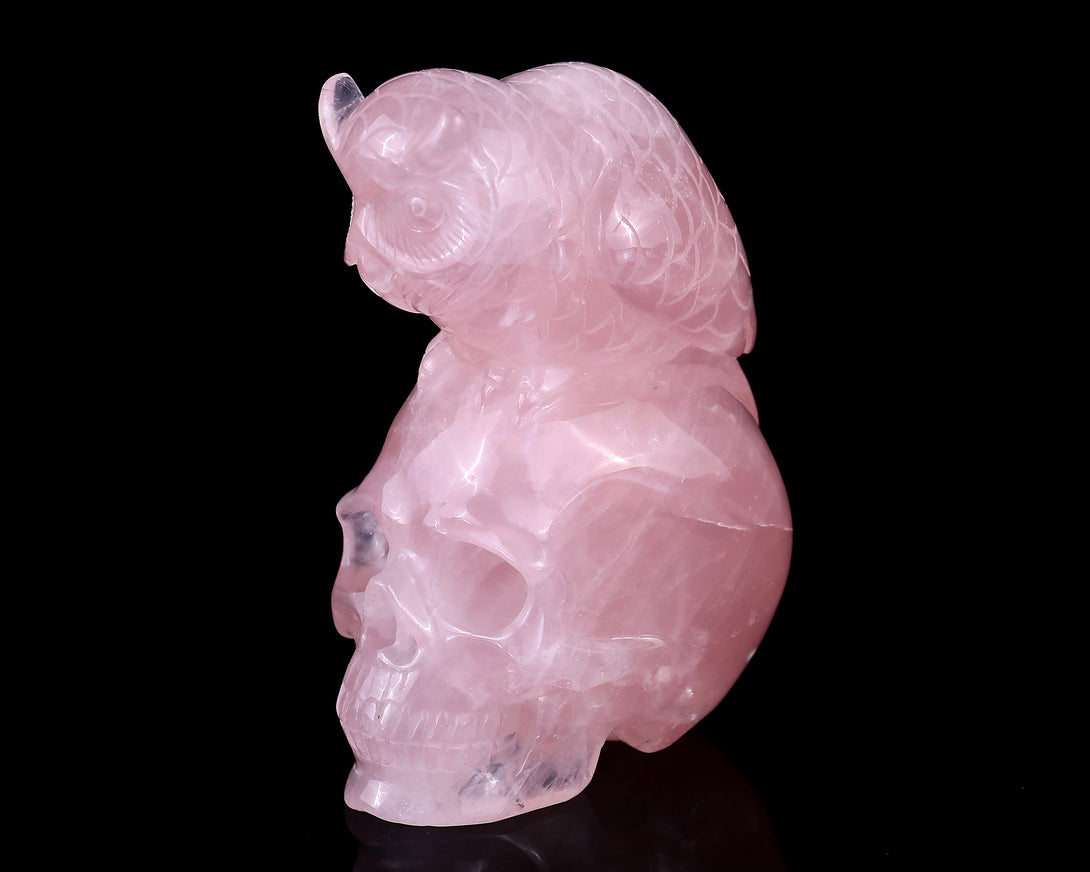 Unique 5.5" Rose Quartz Hand Carved Crystal Realistic Skull with Owl Sculpture crysvibe