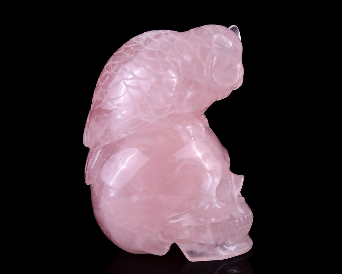 Unique 5.5" Rose Quartz Hand Carved Crystal Realistic Skull with Owl Sculpture crysvibe