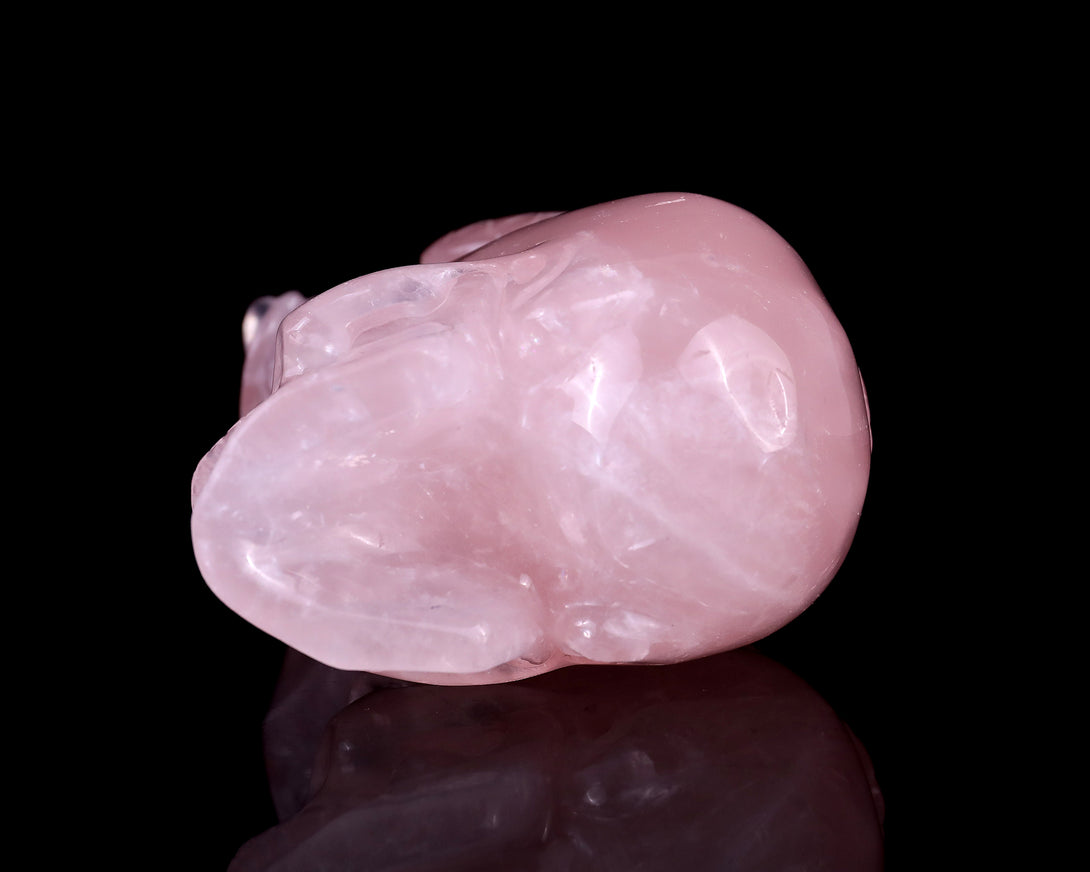 Unique 5.5" Rose Quartz Hand Carved Crystal Realistic Skull with Owl Sculpture crysvibe