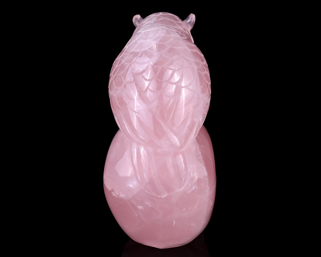 Unique 5.5" Rose Quartz Hand Carved Crystal Realistic Skull with Owl Sculpture crysvibe