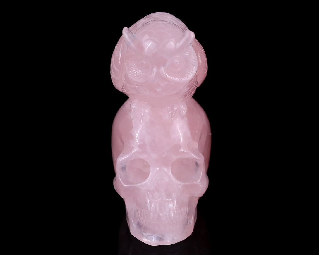 Unique 5.5" Rose Quartz Hand Carved Crystal Realistic Skull with Owl Sculpture crysvibe