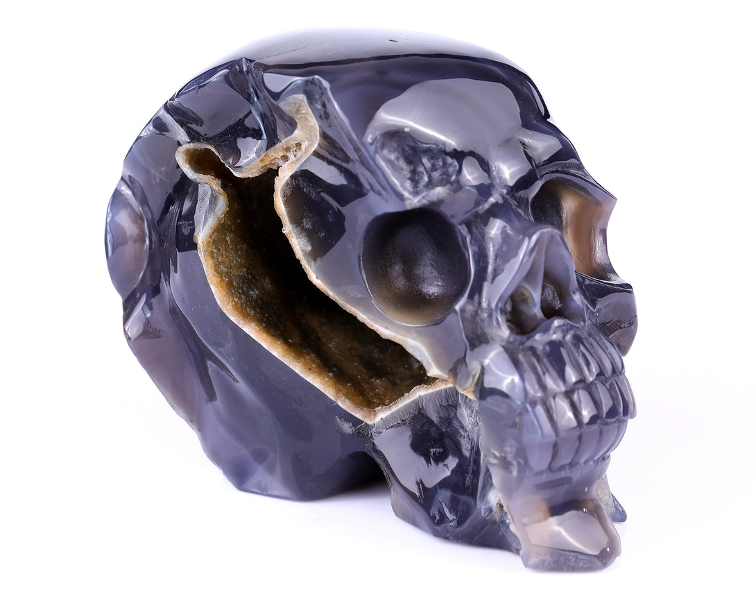 Unique 6.1" Geode Agate Hand Carved Crystal Geode Skull Sculpture crysvibe