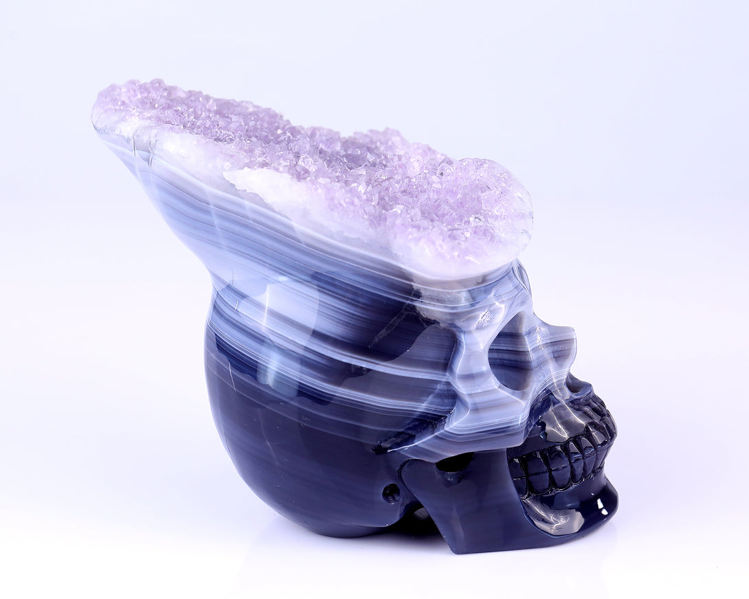 Unique 6.3" Amethyst Druse Agate Hand Carved Crystal Mineral Specimen Skull Sculpture crysvibe