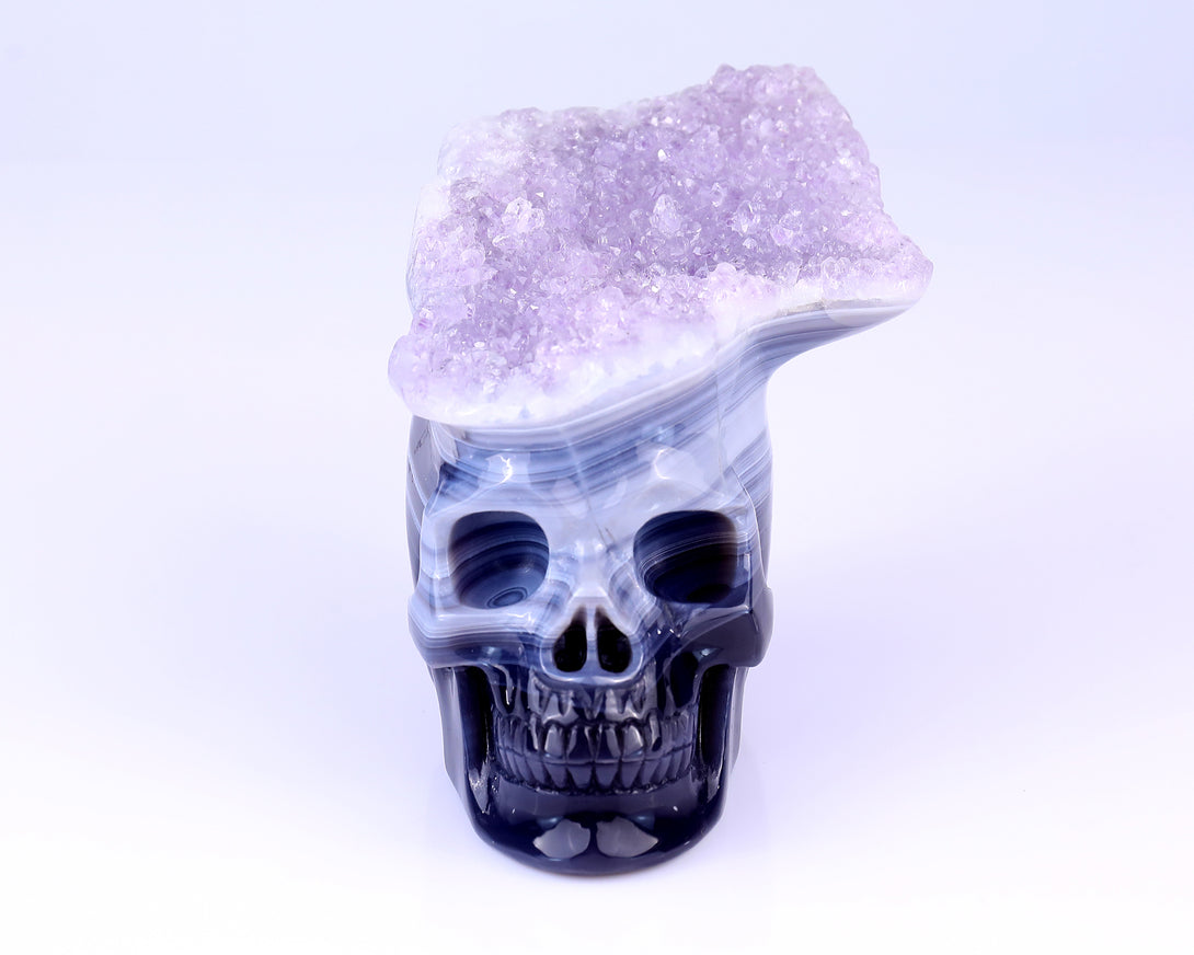 Unique 6.3" Amethyst Druse Agate Hand Carved Crystal Mineral Specimen Skull Sculpture crysvibe