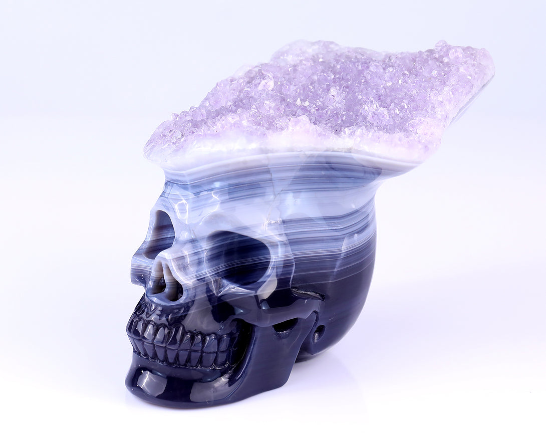 Unique 6.3" Amethyst Druse Agate Hand Carved Crystal Mineral Specimen Skull Sculpture crysvibe