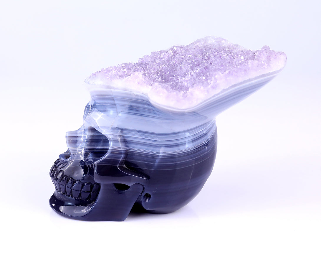 Unique 6.3" Amethyst Druse Agate Hand Carved Crystal Mineral Specimen Skull Sculpture crysvibe