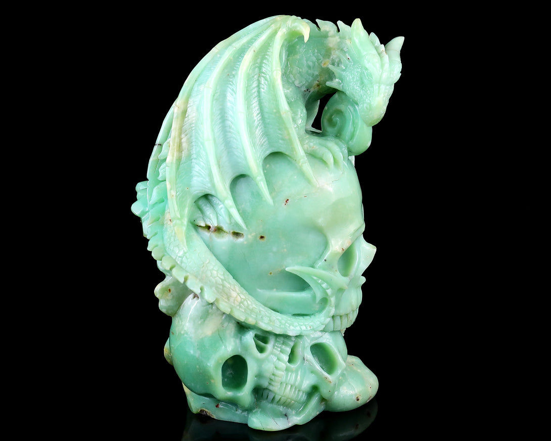 Unique 6.4" Green Opal Hand Carved Crystal Realistic Skull Sculpture crysvibe