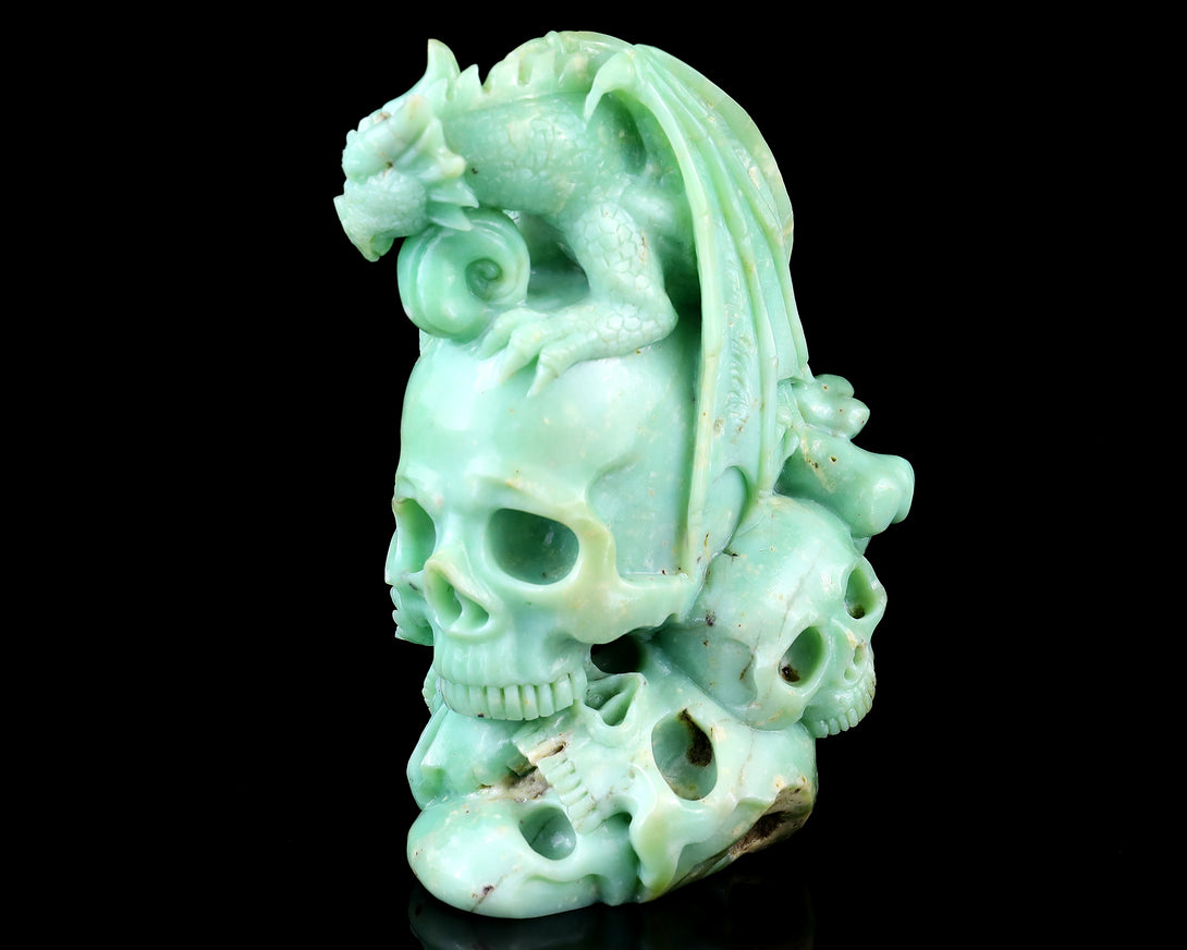 Unique 6.4" Green Opal Hand Carved Crystal Realistic Skull Sculpture crysvibe