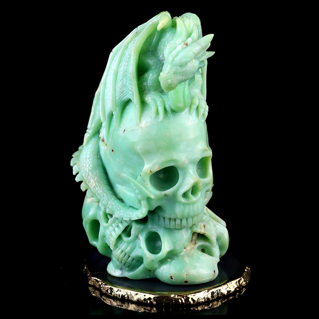 Unique 6.4" Green Opal Hand Carved Crystal Realistic Skull Sculpture crysvibe