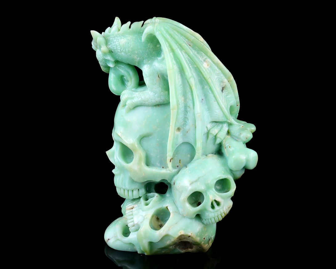 Unique 6.4" Green Opal Hand Carved Crystal Realistic Skull Sculpture crysvibe