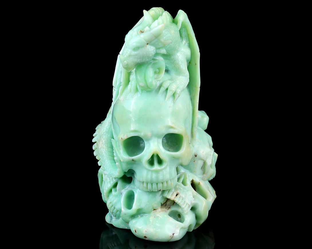 Unique 6.4" Green Opal Hand Carved Crystal Realistic Skull Sculpture crysvibe