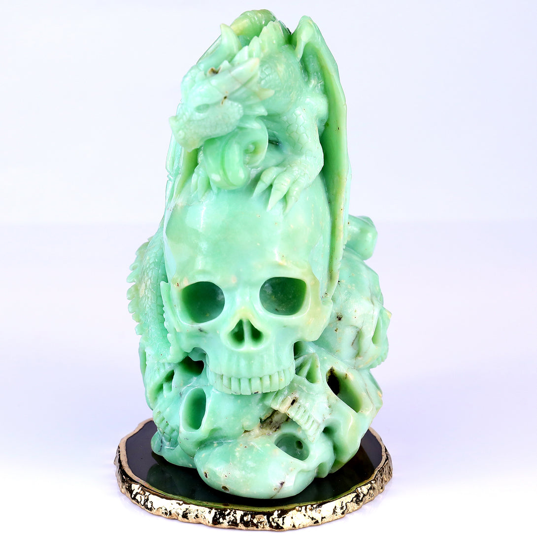 Unique 6.4" Green Opal Hand Carved Crystal Realistic Skull Sculpture crysvibe