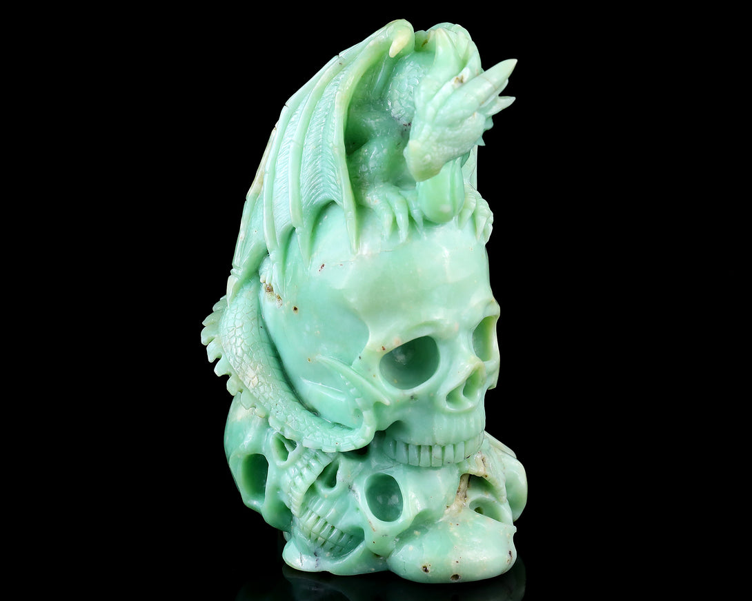 Unique 6.4" Green Opal Hand Carved Crystal Realistic Skull Sculpture crysvibe