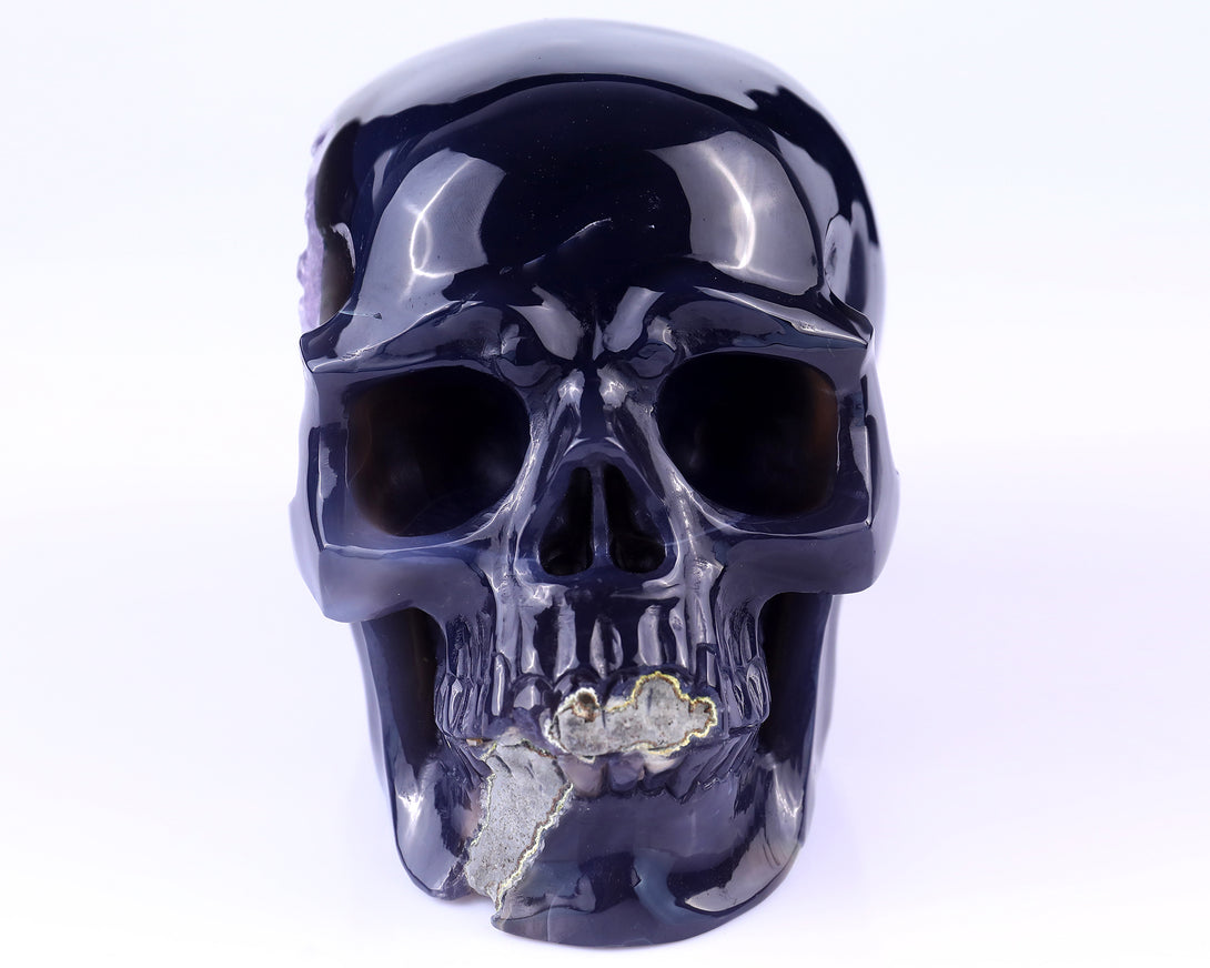 Unique 6.9" Geode Agate Hand Carved Crystal Geode Skull Sculpture crysvibe