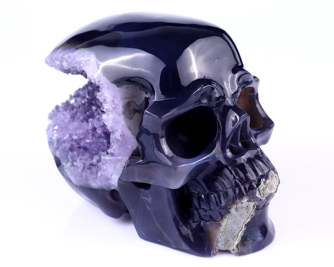 Unique 6.9" Geode Agate Hand Carved Crystal Geode Skull Sculpture crysvibe