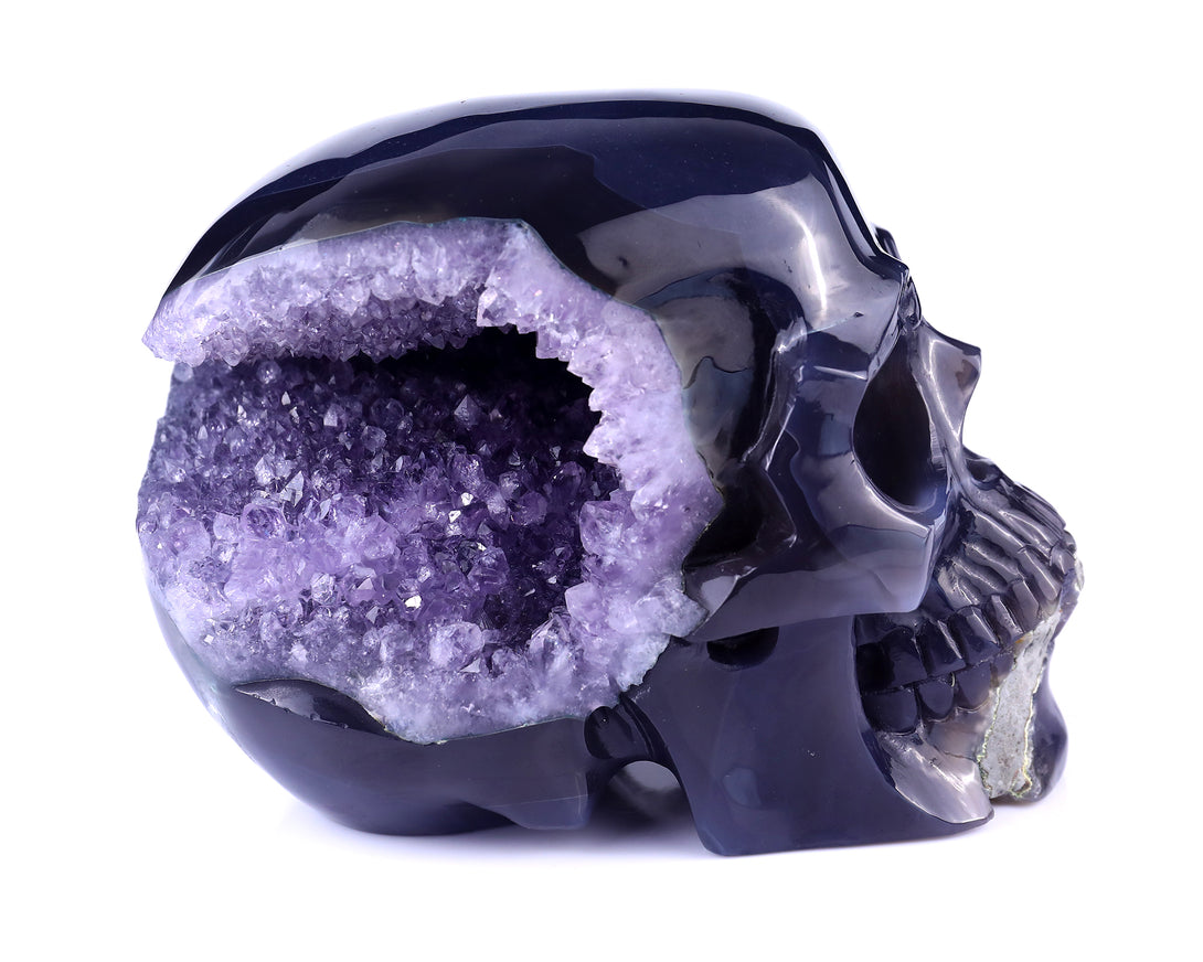 Unique 6.9" Geode Agate Hand Carved Crystal Geode Skull Sculpture crysvibe