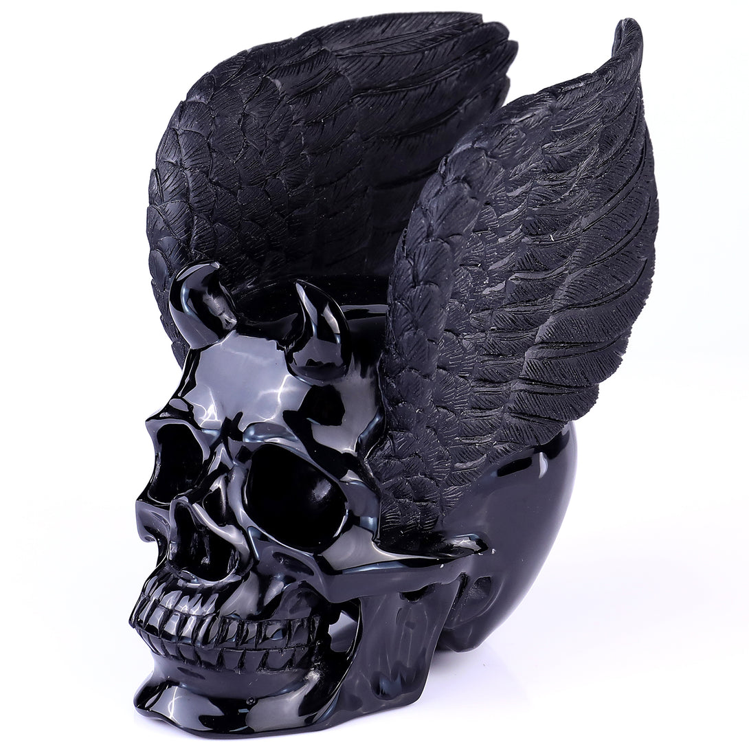 Unique 7.1" Black Obsidian Hand Carved Crystal Realistic Skull Sculpture crysvibe