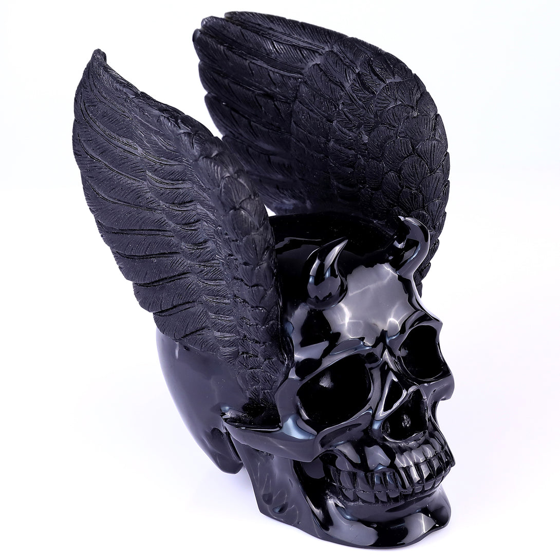 Unique 7.1" Black Obsidian Hand Carved Crystal Realistic Skull Sculpture crysvibe