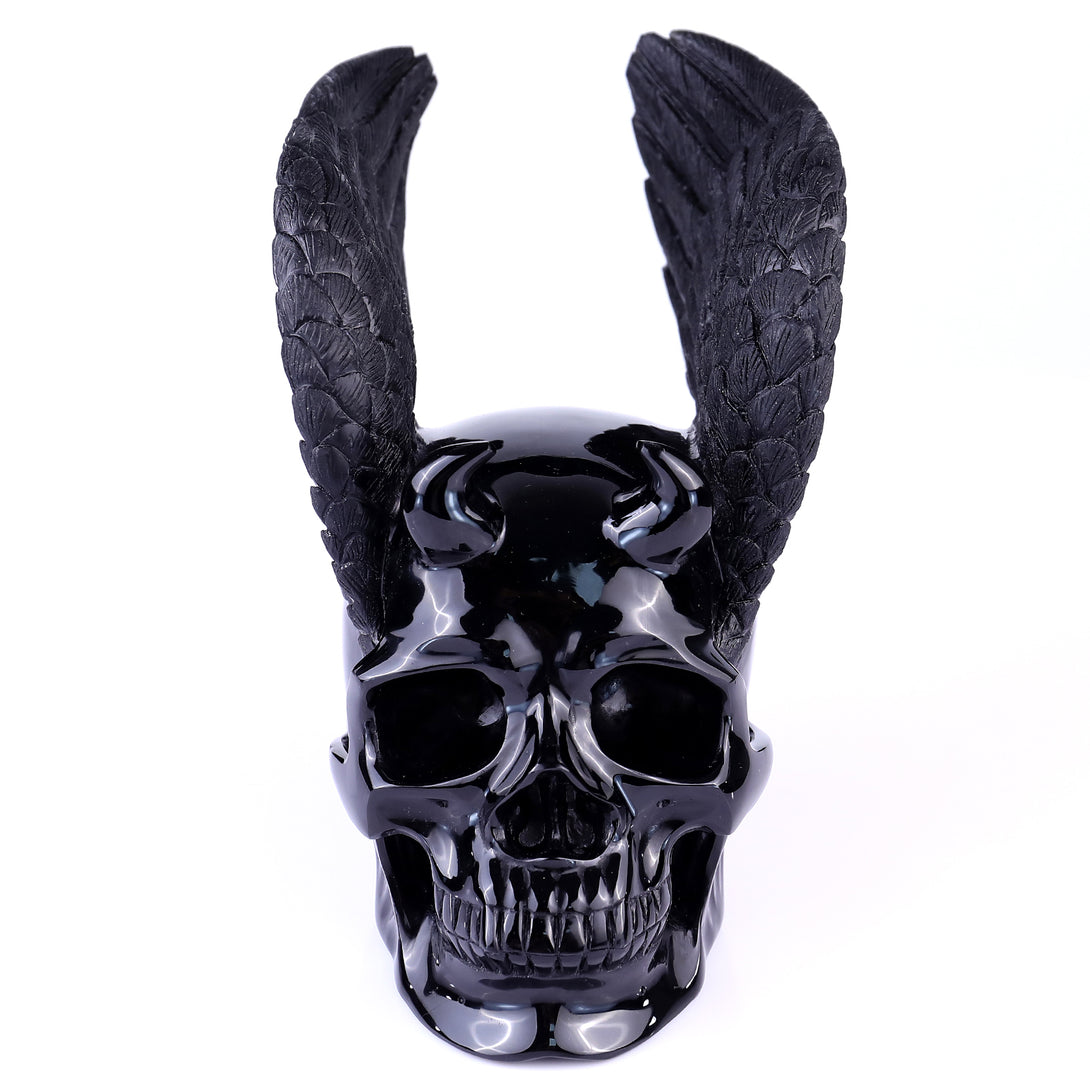 Unique 7.1" Black Obsidian Hand Carved Crystal Realistic Skull Sculpture crysvibe