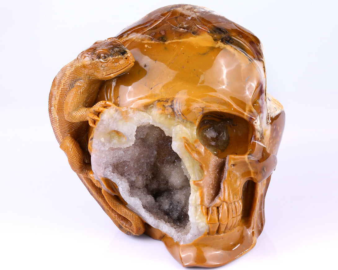 Unique 7.9" Chalcedony Hand Carved Crystal Geode Skull with Lizard Sculpture crysvibe