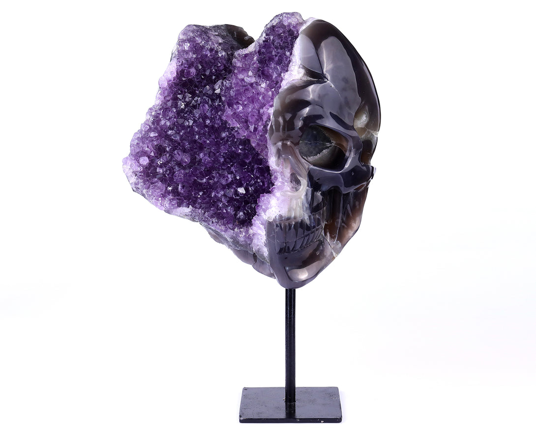 Unique 9.1" Amethyst Geode Agate Hand Carved Crystal Geode Skull Sculpture crysvibe