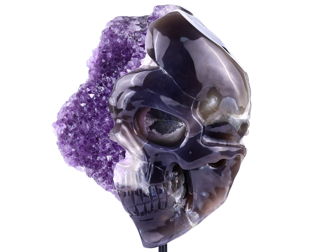 Unique 9.1" Amethyst Geode Agate Hand Carved Crystal Geode Skull Sculpture crysvibe