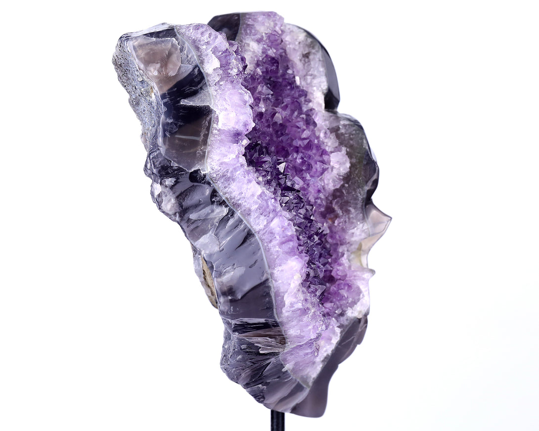 Unique 9.1" Amethyst Geode Agate Hand Carved Crystal Geode Skull Sculpture crysvibe