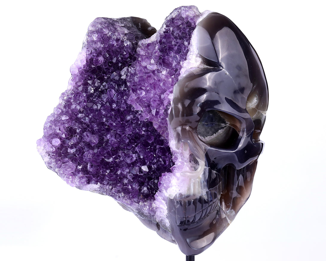 Unique 9.1" Amethyst Geode Agate Hand Carved Crystal Geode Skull Sculpture crysvibe