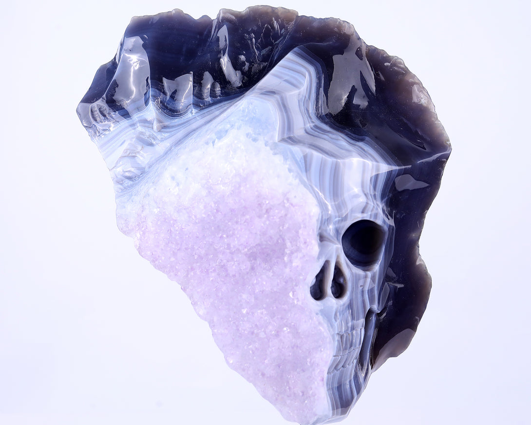 Unique 9.8" Amethyst Geode Agate Hand Carved Crystal Geode Skull Sculpture crysvibe