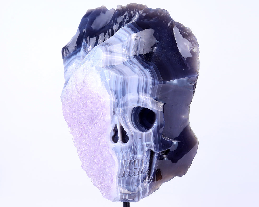 Unique 9.8" Amethyst Geode Agate Hand Carved Crystal Geode Skull Sculpture crysvibe