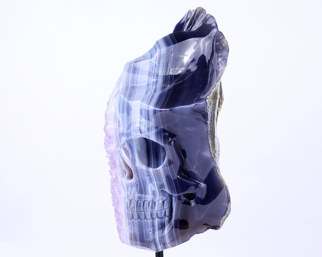 Unique 9.8" Amethyst Geode Agate Hand Carved Crystal Geode Skull Sculpture crysvibe